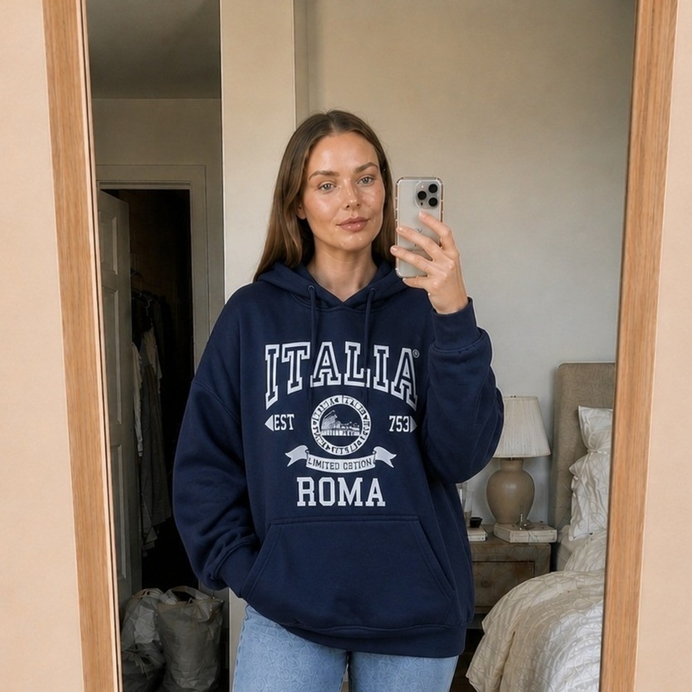 Italia Womens Hoodie XL Navy Roma Graphic Sweatshirt Euro Collegiate Athleisure